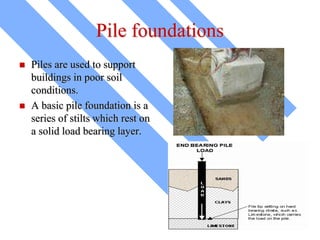 Pile foundations
 Piles are used to support
buildings in poor soil
conditions.
 A basic pile foundation is a
series of stilts which rest on
a solid load bearing layer.
 