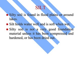 SILT
 Silty soil is found in flood plains or around
lakes.
 Silt holds water well and is soft when wet.
 Silty soil is not a very good foundation
material unless it has been compressed and
hardened, or has been dried out.
 