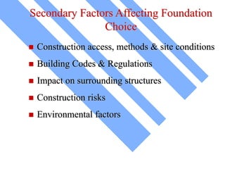 Secondary Factors Affecting Foundation
Choice
 Construction access, methods & site conditions
 Building Codes & Regulations
 Impact on surrounding structures
 Construction risks
 Environmental factors
 