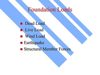 Foundation Loads
 Dead Load
 Live Load
 Wind Load
 Earthquake
 Structural Member Forces
 