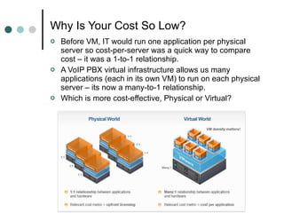Why Is Your Cost So Low? Before VM, IT would run one application per physical server so cost-per-server was a quick way to compare cost – it was a 1-to-1 relationship.  A VoIP PBX virtual infrastructure allows us many applications (each in its own VM) to run on each physical server – its now a many-to-1 relationship. Which is more cost-effective, Physical or Virtual? 