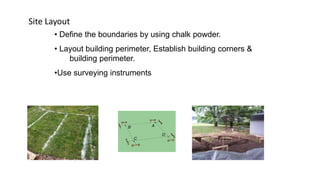Site Layout
• Define the boundaries by using chalk powder.
• Layout building perimeter, Establish building corners &
building perimeter.
•Use surveying instruments

 