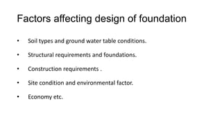Factors affecting design of foundation
•

Soil types and ground water table conditions.

•

Structural requirements and foundations.

•

Construction requirements .

•

Site condition and environmental factor.

•

Economy etc.

 