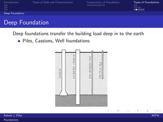 Introduction Types of Soils and Characteristics Construction of Foundation Types of Foundations
Deep Foundation
Deep Foundation
Deep foundations transfer the building load deep in to the earth
Piles, Cassions, Well foundations
Rakesh J. Pillai NITW
Foundations
 