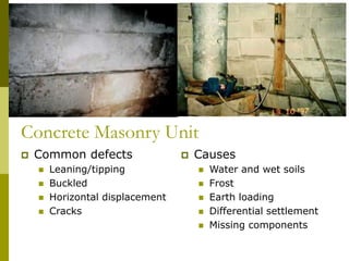 Concrete Masonry Unit
 Causes
 Water and wet soils
 Frost
 Earth loading
 Differential settlement
 Missing components
 Common defects
 Leaning/tipping
 Buckled
 Horizontal displacement
 Cracks
 