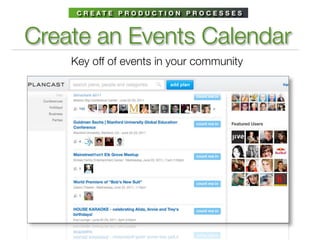 C R E AT E P R O D U C T I O N P R O C E S S E S



Create an Events Calendar
    Key off of events in your community
 