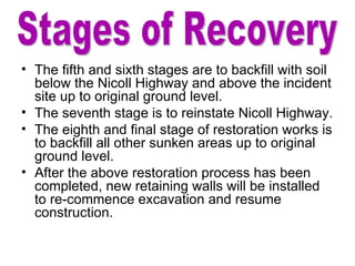 The fifth and sixth stages are to backfill with soil below the Nicoll Highway and above the incident site up to original ground level. The seventh stage is to reinstate Nicoll Highway. The eighth and final stage of restoration works is to backfill all other sunken areas up to original ground level. After the above restoration process has been completed, new retaining walls will be installed to re-commence excavation and resume construction. Stages of Recovery 