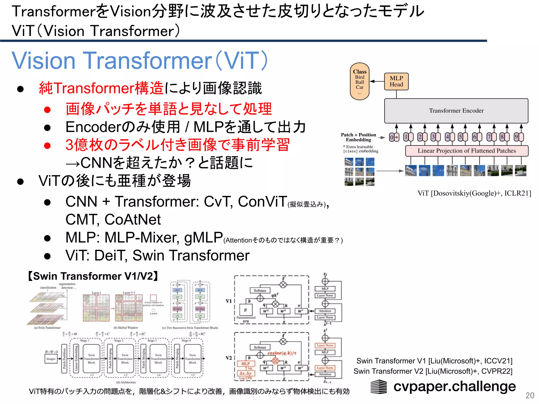 20
Vision Transformer（ViT）
● 純Transformer構造により画像認識
● 画像パッチを単語と見なして処理
● Encoderのみ使用 / MLPを通して出力
● 3億枚のラベル付き画像で事前学習
→CNNを超えたか？と話題に
● ViTの後にも亜種が登場
● CNN + Transformer: CvT, ConViT(擬似畳込み),
CMT, CoAtNet
● MLP: MLP-Mixer, gMLP(Attentionそのものではなく構造が重要？)
● ViT: DeiT, Swin Transformer
ViT [Dosovitskiy(Google)+, ICLR21]
【Swin Transformer V1/V2】
Swin Transformer V1 [Liu(Microsoft)+, ICCV21]
Swin Transformer V2 [Liu(Microsoft)+, CVPR22]
TransformerをVision分野に波及させた皮切りとなったモデル 
ViT（Vision Transformer） 
 