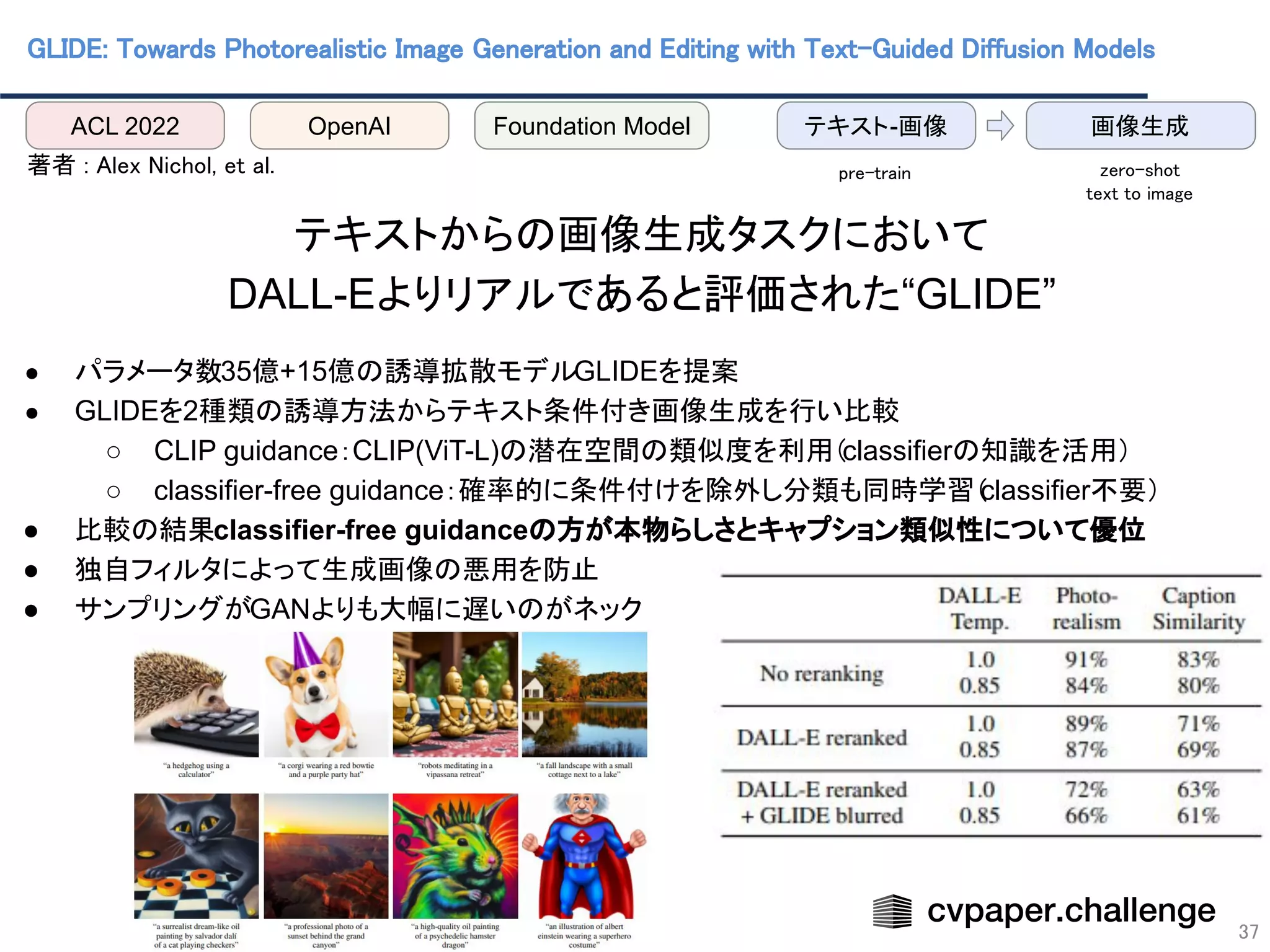 GLIDE: Towards Photorealistic Image Generation and Editing with Text-Guided Diffusion Models
 
37
 
著者 : Alex Nichol, et al.  
 
テキストからの画像生成タスクにおいて
DALL-Eよりリアルであると評価された“GLIDE”
● パラメータ数35億+15億の誘導拡散モデルGLIDEを提案
● GLIDEを2種類の誘導方法からテキスト条件付き画像生成を行い比較
○ CLIP guidance：CLIP(ViT-L)の潜在空間の類似度を利用（classifierの知識を活用）
○ classifier-free guidance：確率的に条件付けを除外し分類も同時学習（
classifier不要）
● 比較の結果classifier-free guidanceの方が本物らしさとキャプション類似性について優位
● 独自フィルタによって生成画像の悪用を防止
● サンプリングがGANよりも大幅に遅いのがネック
ACL 2022 OpenAI 画像生成
テキスト-画像
pre-train  zero-shot 
text to image 
Foundation Model
 