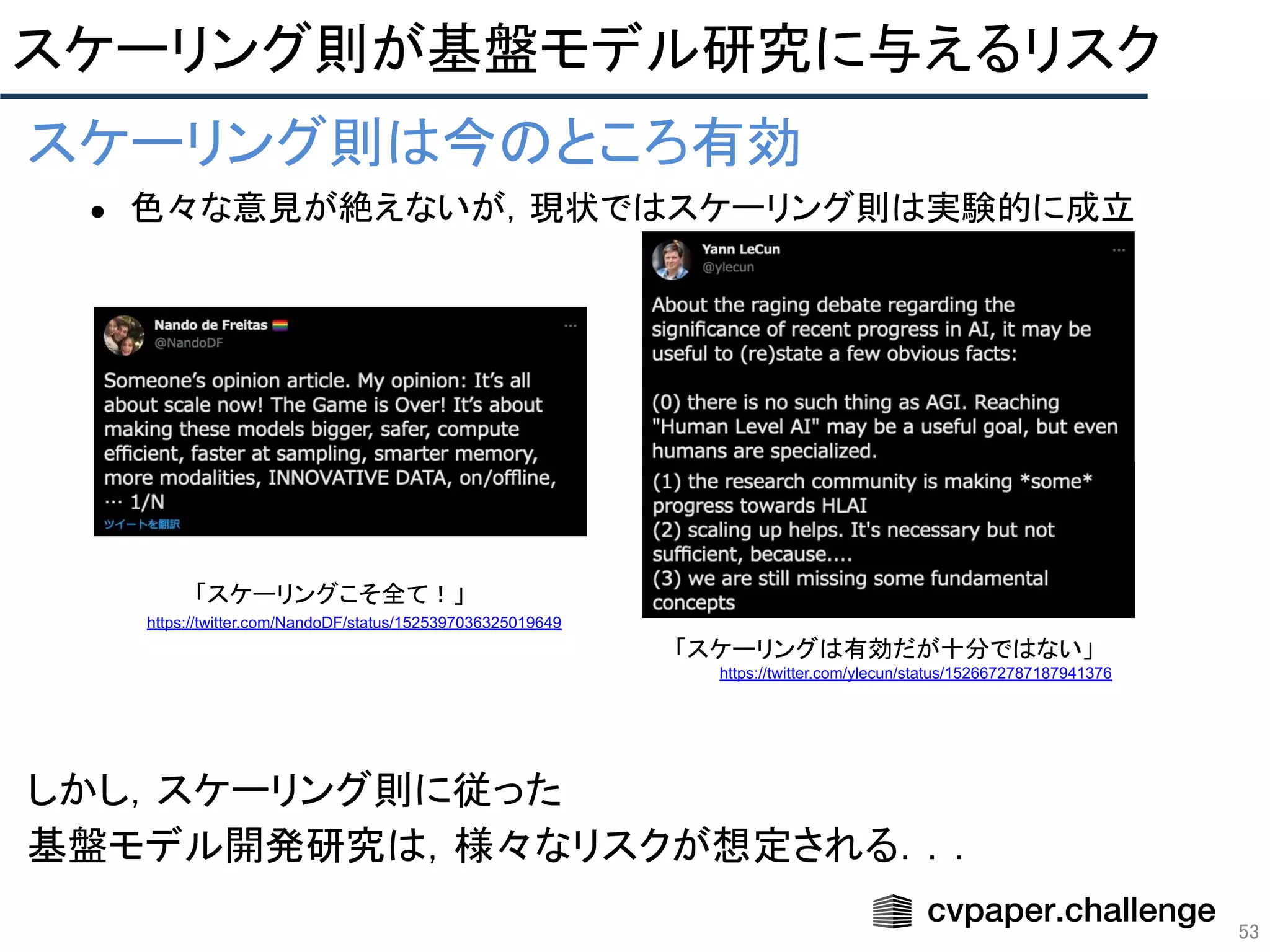スケーリング則が基盤モデル研究に与えるリスク 
53
 
 
 
 
 
 
 
 
 
しかし，スケーリング則に従った 
基盤モデル開発研究は，様々なリスクが想定される．．． 
スケーリング則は今のところ有効 
● 色々な意見が絶えないが，現状ではスケーリング則は実験的に成立 
「スケーリングこそ全て！」
「スケーリングは有効だが十分ではない」
https://twitter.com/ylecun/status/1526672787187941376
https://twitter.com/NandoDF/status/1525397036325019649
 