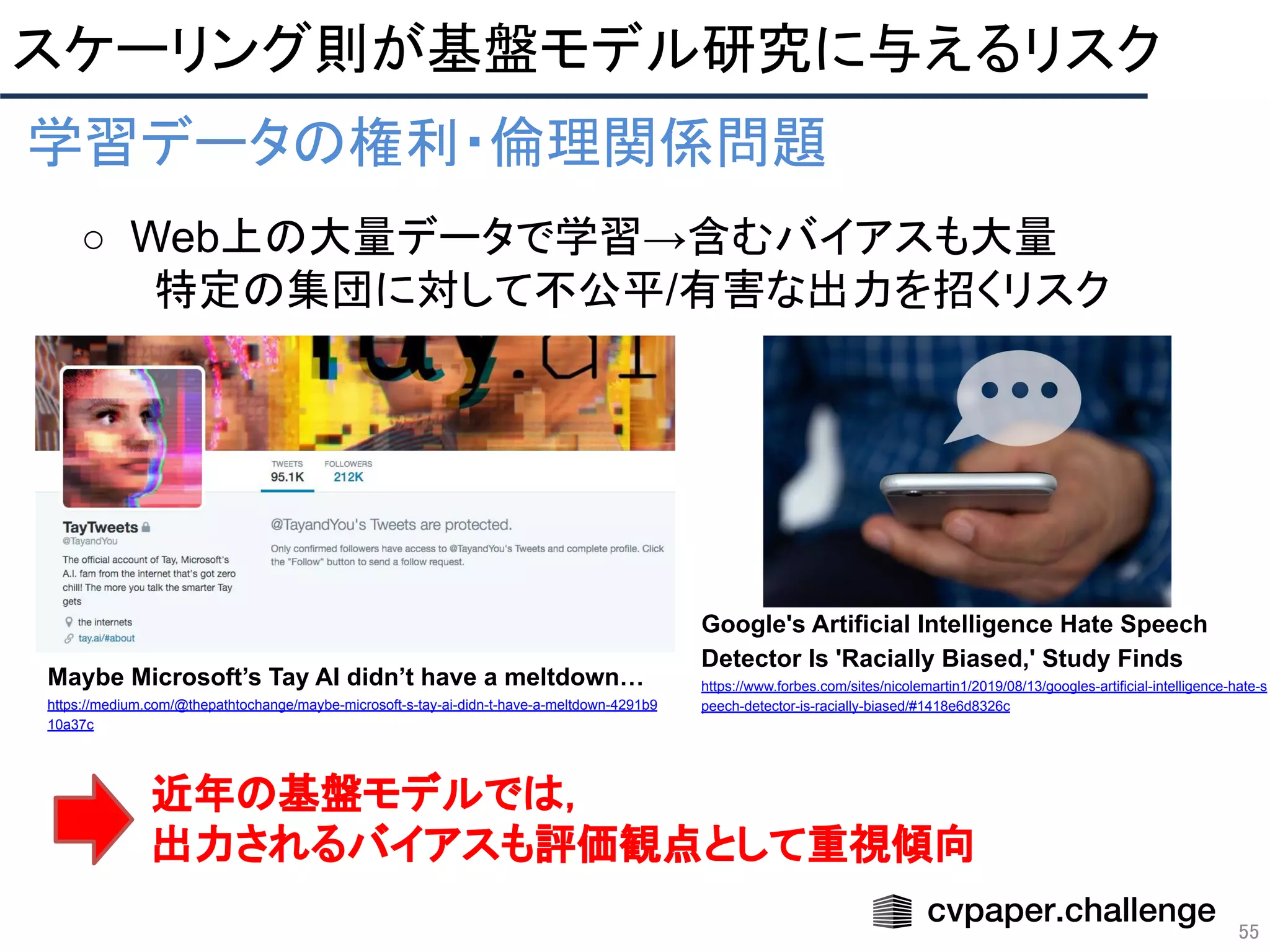 55
学習データの権利・倫理関係問題 
○ Web上の大量データで学習→含むバイアスも大量
特定の集団に対して不公平/有害な出力を招くリスク
 
Maybe Microsoft’s Tay AI didn’t have a meltdown…
https://medium.com/@thepathtochange/maybe-microsoft-s-tay-ai-didn-t-have-a-meltdown-4291b9
10a37c
Google's Artificial Intelligence Hate Speech
Detector Is 'Racially Biased,' Study Finds
https://www.forbes.com/sites/nicolemartin1/2019/08/13/googles-artificial-intelligence-hate-s
peech-detector-is-racially-biased/#1418e6d8326c
スケーリング則が基盤モデル研究に与えるリスク 
近年の基盤モデルでは，
出力されるバイアスも評価観点として重視傾向
 