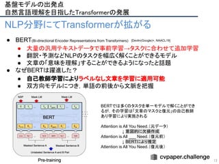 13
NLP分野にてTransformerが拡がる
● BERT(Bi-directional Encoder Representations from Transformers)
● 大量の汎用テキストデータで事前学習→タスクに合わせて追加学習
● 翻訳・予測などNLPのタスクを幅広く解くことができるモデル
● 文章の「意味を理解」することができるようになったと話題
● なぜBERTは躍進した？
● 自己教師学習によりラベルなし文章を学習に適用可能
● 双方向モデルにつき，単語の前後から文脈を把握
BERTでは多くのタスクを単一モデルで解くことができ
るが，その学習は「文章のマスクと復元」の自己教師
あり学習により実施される
Attention is All You Need.（元データ）
　　　　　　　 ↓ 意図的に欠損作成
Attention is All ___ Need.（復元前）
　　　　　　　 ↓ BERTにより推定
Attention is All You Need.（復元後）
[Devlin(Google)+, NAACL19]
基盤モデルの出発点 
自然言語理解を目指したTransformerの発展 
 