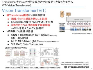 20
Vision Transformer（ViT）
● 純Transformer構造により画像認識
● 画像パッチを単語と見なして処理
● Encoderのみ使用 / MLPを通して出力
● 3億枚のラベル付き画像で事前学習
→CNNを超えたか？と話題に
● ViTの後にも亜種が登場
● CNN + Transformer: CvT, ConViT(擬似畳込み),
CMT, CoAtNet
● MLP: MLP-Mixer, gMLP(Attentionそのものではなく構造が重要？)
● ViT: DeiT, Swin Transformer
ViT [Dosovitskiy(Google)+, ICLR21]
【Swin Transformer V1/V2】
Swin Transformer V1 [Liu(Microsoft)+, ICCV21]
Swin Transformer V2 [Liu(Microsoft)+, CVPR22]
TransformerをVision分野に波及させた皮切りとなったモデル 
ViT（Vision Transformer） 
 