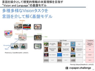 41
言語を媒介として視覚的情報の本質理解を目指す 
“Vision and Language”の基盤モデル 
多種多様なVisionタスクを
言語を介して解く基盤モデル
Flamingo [Alayac(DeepMind)+, arXiv22]
Florence [Lu Yuan(Microsoft)+, arXiv21]
 