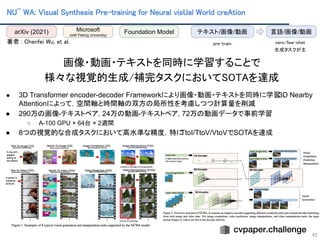 NU¨ WA: Visual Synthesis Pre-training for Neural visUal World creAtion 
42
 
著者 : Chenfei Wu, et al.  
 
画像・動画・テキストを同時に学習することで 
様々な視覚的生成/補完タスクにおいてSOTAを達成 
 
● 3D Transformer encoder-decoder Frameworkにより画像・動画・テキストを同時に学習
3D Nearby
Attentionによって，空間軸と時間軸の双方の局所性を考慮しつつ計算量を削減
● 290万の画像-テキストペア，24万の動画-テキストペア，72万の動画データで事前学習
○ A-100 GPU × 64台 × 2週間
● 8つの視覚的な合成タスクにおいて高水準な精度，特に
TtoI/TtoV/VtoVでSOTAを達成
arXiv (2021) Microsoft
(with Peking University)
Foundation Model テキスト/画像/動画 言語/画像/動画
zero/few-shot 
生成タスクが主 
pre-train 
 