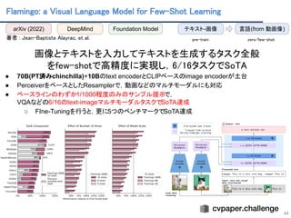 Flamingo: a Visual Language Model for Few-Shot Learning 
44
著者 : Jean-Baptiste Alayrac, et al.  
 
画像とテキストを入力してテキストを生成するタスク全般 
をfew-shotで高精度に実現し，6/16タスクでSoTA
● 70B(PT済みchinchilla)+10Bのtext encoderとCLIPベースのimage encoderが土台
● PerceiverをベースとしたResamplerで，動画などのマルチモーダルにも対応
● ベースラインのわずか1/1000程度のみのサンプル提示で，
VQAなどの6/16のtext-imageマルチモーダルタスクでSoTA達成
○ FIne-Tuningを行うと，更に5つのベンチマークでSoTA達成
arXiv (2022) DeepMind Foundation Model 言語(from 動画像)
テキスト-画像
pre-train  zero/few-shot 
 