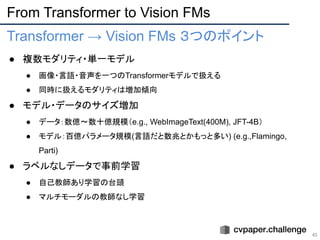 From Transformer to Vision FMs
45
Transformer → Vision FMs ３つのポイント
● 複数モダリティ・単一モデル
● 画像・言語・音声を一つのTransformerモデルで扱える
● 同時に扱えるモダリティは増加傾向
● モデル・データのサイズ増加
● データ：数億〜数十億規模（e.g., WebImageText(400M), JFT-4B）
● モデル：百億パラメータ規模(言語だと数兆とかもっと多い) (e.g.,Flamingo,
Parti)
● ラベルなしデータで事前学習
● 自己教師あり学習の台頭
● マルチモーダルの教師なし学習
●
 