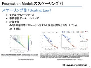 Foundation Modelsのスケーリング則 
49
スケーリング則（Scaling Law） 
● モデルパラメータサイズ 
● 事前学習データセットサイズ 
● 計算予算 
の3要素を同時にスケーリングすると性能が際限なく向上していく， 
という仮説 
Scaling Vision Transformers [Zhai+, CVPR22]
GPT-3 [Brown+, NeurIPS22]
 
