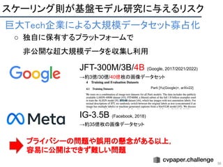 56
JFT-300M/3B/4B (Google, 2017/2021/2022)
→約3億/30億/40億枚の画像データセット
IG-3.5B (Facebook, 2018)
→約35億枚の画像データセット
スケーリング則が基盤モデル研究に与えるリスク 
巨大Tech企業による大規模データセット寡占化 
○ 独自に保有するプラットフォームで
非公開な超大規模データを収集し利用 
Parti [Yu(Google)+, arXiv22]
プライバシーの問題や誤用の懸念がある以上，
容易に公開はできず難しい問題
 