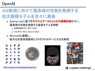 OpenAI 
59
 
 
 
https://openai.com/blog/tags/milestones/
AGI実現に向けて最高峰の性能を発揮する 
超大規模モデルを次々に発表 
● Scaling Lawに基づきモデルとデータセットの大規模拡張を行い、 
最高峰の性能を発揮する基盤モデルを開発 
■ 自然言語タスク：GPT-3など 
■ マルチモーダル：DALL•E 2など 
● Microsoftと連携し、 
膨大な計算資源獲得とプロダクトのサービス化を実現 
 
