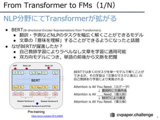 From Transformer to FMs（1/N）
6
NLP分野にてTransformerが拡がる
● BERT(Bi-directional Encoder Representations from Transformers)
● 翻訳・予測などNLPのタスクを幅広く解くことができるモデル
● ⽂章の「意味を理解」することができるようになったと話題
● なぜBERTが躍進したか︖
● ⾃⼰教師学習によりラベルなし⽂章を学習に適⽤可能
● 双⽅向モデルにつき，単語の前後から⽂脈を把握
https://arxiv.org/abs/1810.04805
BERTでは多くのタスクを単⼀モデルで解くことが
できるが，その学習は「⽂章のマスクと復元」の
⾃⼰教師あり学習により実施される
Attention is All You Need.（元データ）
↓ 意図的に⽋損作成
Attention is All ___ Need.（復元前）
↓ BERTにより推定
Attention is All You Need.（復元後）
 