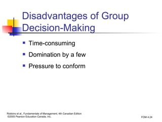 Disadvantages of Group Decision-Making Time-consuming Domination by a few Pressure to conform  