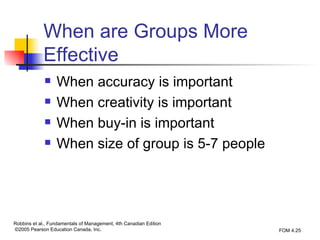 When are Groups More Effective When accuracy is important When creativity is important When buy-in is important When size of group is 5-7 people 