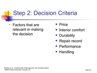 Step 2: Decision Criteria Factors that are relevant in making the decision Price Interior comfort Durability Repair record Performance Handling 