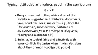 Typical attitudes and values used in the curriculum
guide
1. Being committed to the public values of this
society as suggested in its historical documents,
laws, court decisions, and oaths (e.g., from the
Declaration of Independence, “all men are
created equal”; from the Pledge of Allegiance,
“liberty and justice for all”)
2. Being able to deal fairly and effectively with
value conflicts that arise when making decisions
about the common good (public policy)
 