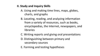 II. Study and Inquiry Skills
A. Using and making time lines, maps, globes,
charts, and graphs
B. Locating, reading, and analyzing information
from a variety of resources, such as books,
encyclopedias, the Internet, newspapers, and
libraries
C. Writing reports and giving oral presentations
D. Distinguishing between primary and
secondary sources
E. Forming and testing hypotheses
 