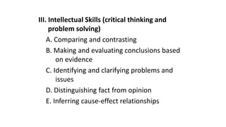 III. Intellectual Skills (critical thinking and
problem solving)
A. Comparing and contrasting
B. Making and evaluating conclusions based
on evidence
C. Identifying and clarifying problems and
issues
D. Distinguishing fact from opinion
E. Inferring cause-effect relationships
 