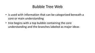 Bubble Tree Web
• is used with information that can be categorized beneath a
core or main understanding
• tree begins with a top bubble containing the core
understanding and the branches labeled as major ideas
 