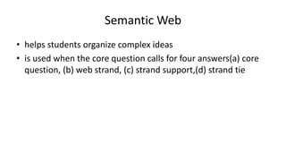 Semantic Web
• helps students organize complex ideas
• is used when the core question calls for four answers(a) core
question, (b) web strand, (c) strand support,(d) strand tie
 