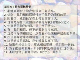 基石#3：信仰耶稣基督
1. 耶稣来到世上给我们带来了好消息。
2. 信念，我们相信耶稣付出了代价为我们的罪。
3. 因着信，亚伯拉罕在上帝面前作了义。
4. 这就是为什么亚伯拉罕被称为我们的信心之父。
5. 怀疑是信仰的对面，是正常的情况。
6. 有，我们相信，但不能看到很多东西。
7. 这是很好的相信这一点都看不出来精神层面的东西。
8. 相信耶稣意味着相信他，他所说的。
9. 这是通过信耶稣，我们设置脱离了罪。
10. 如果你相信上帝，那么相信耶稣：他们是一体的。
11. 为了把信仰耶稣：听到的事实;相信他们;这么说。
12. 圣经包含了耶稣的话。研究它，并相信
 