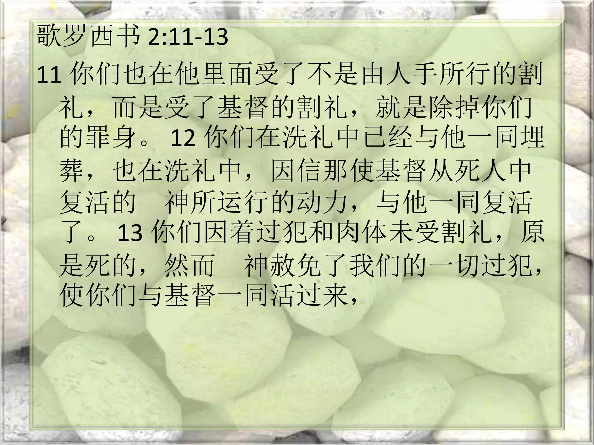 歌罗西书 2:11-13
11 你们也在他里面受了不是由人手所行的割
礼，而是受了基督的割礼，就是除掉你们
的罪身。 12 你们在洗礼中已经与他一同埋
葬，也在洗礼中，因信那使基督从死人中
复活的 神所运行的动力，与他一同复活
了。 13 你们因着过犯和肉体未受割礼，原
是死的，然而 神赦免了我们的一切过犯，
使你们与基督一同活过来，
 