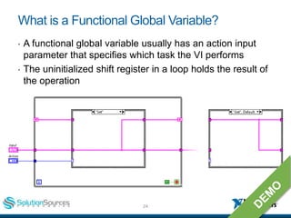 24ni.com
What is a Functional Global Variable?
• A functional global variable usually has an action input
parameter that s...