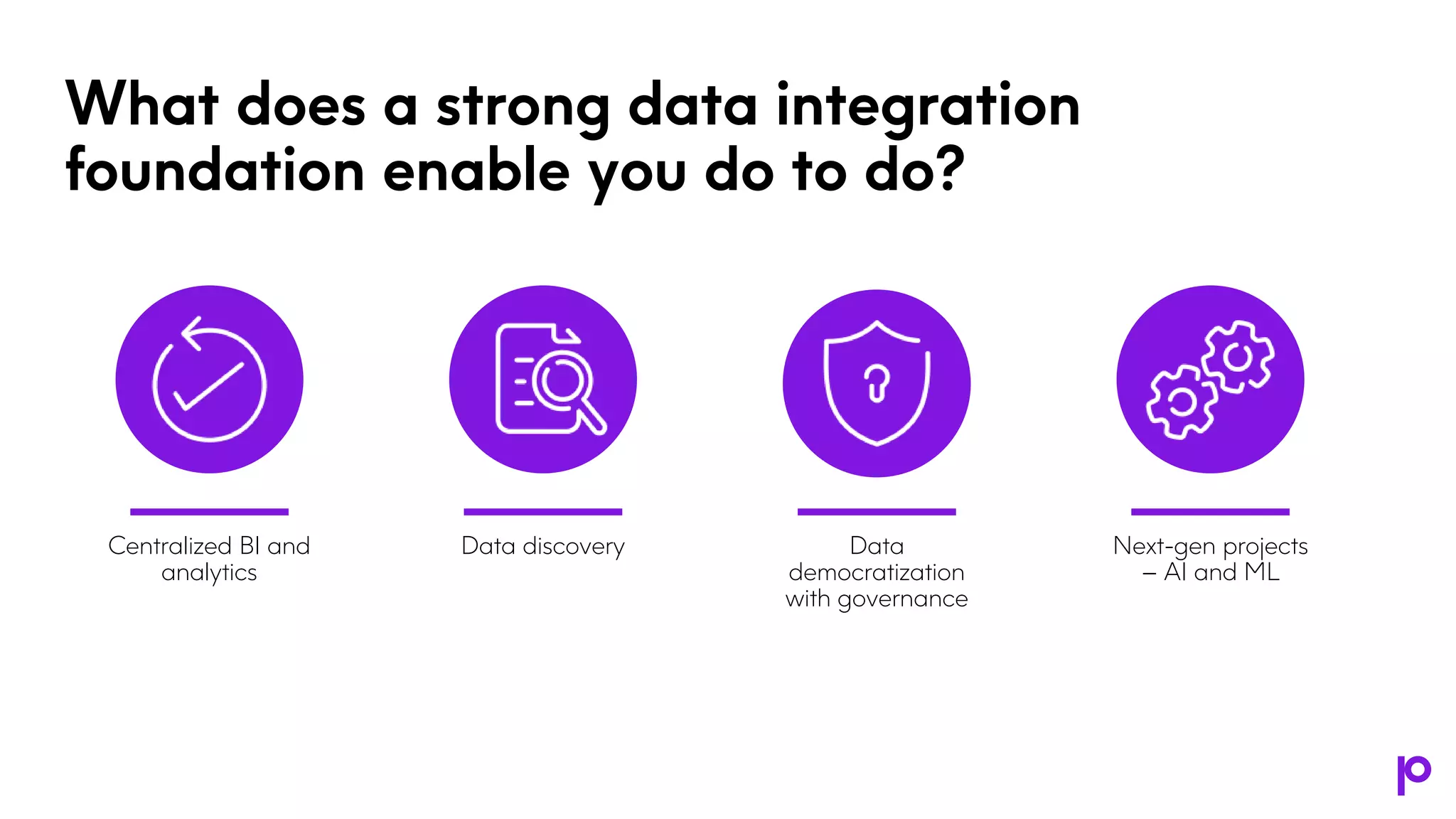 What does a strong data integration
foundation enable you do to do?
Centralized BI and
analytics
Data discovery Data
democratization
with governance
Next-gen projects
– AI and ML
 