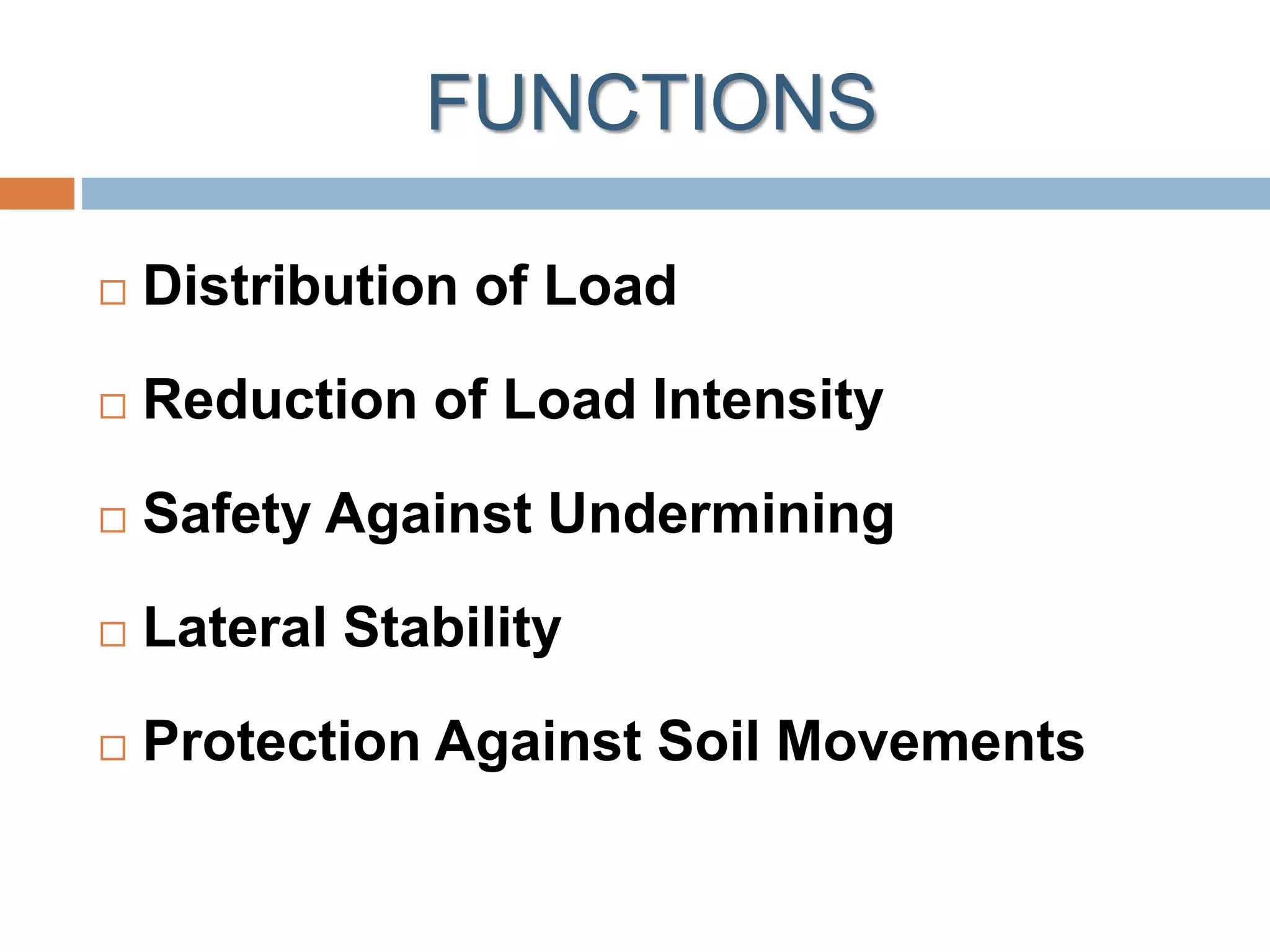 FUNCTIONS
 Distribution of Load
 Reduction of Load Intensity
 Safety Against Undermining
 Lateral Stability
 Protection Against Soil Movements
 