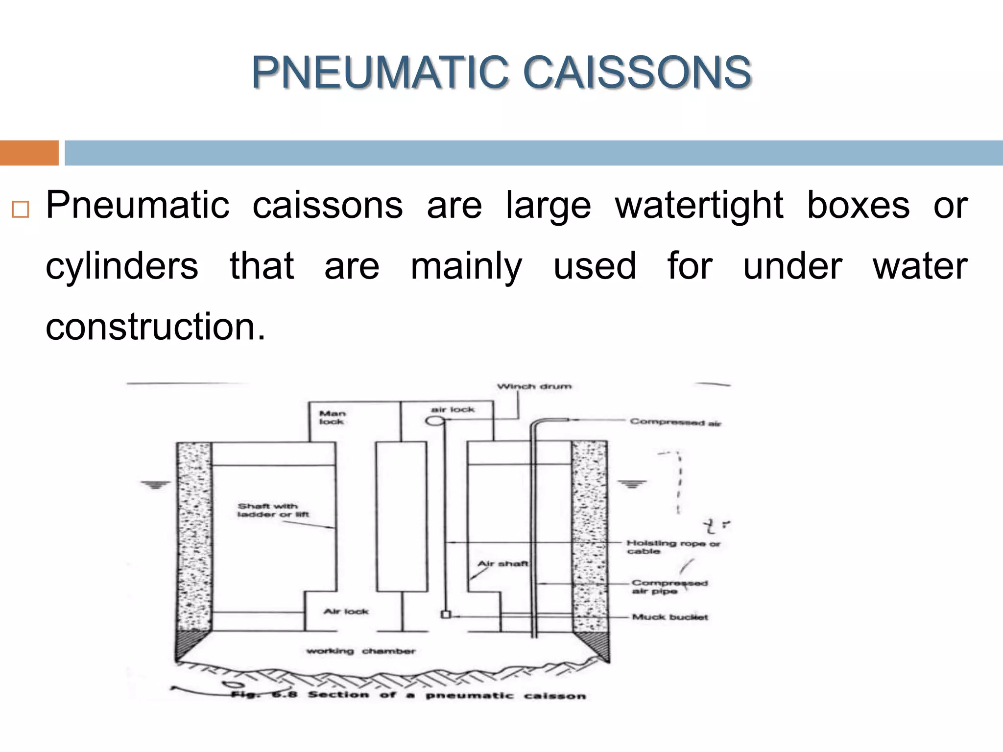 PNEUMATIC CAISSONS
 Pneumatic caissons are large watertight boxes or
cylinders that are mainly used for under water
construction.
 