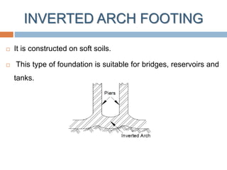 INVERTED ARCH FOOTING
 It is constructed on soft soils.
 This type of foundation is suitable for bridges, reservoirs and
tanks.
 