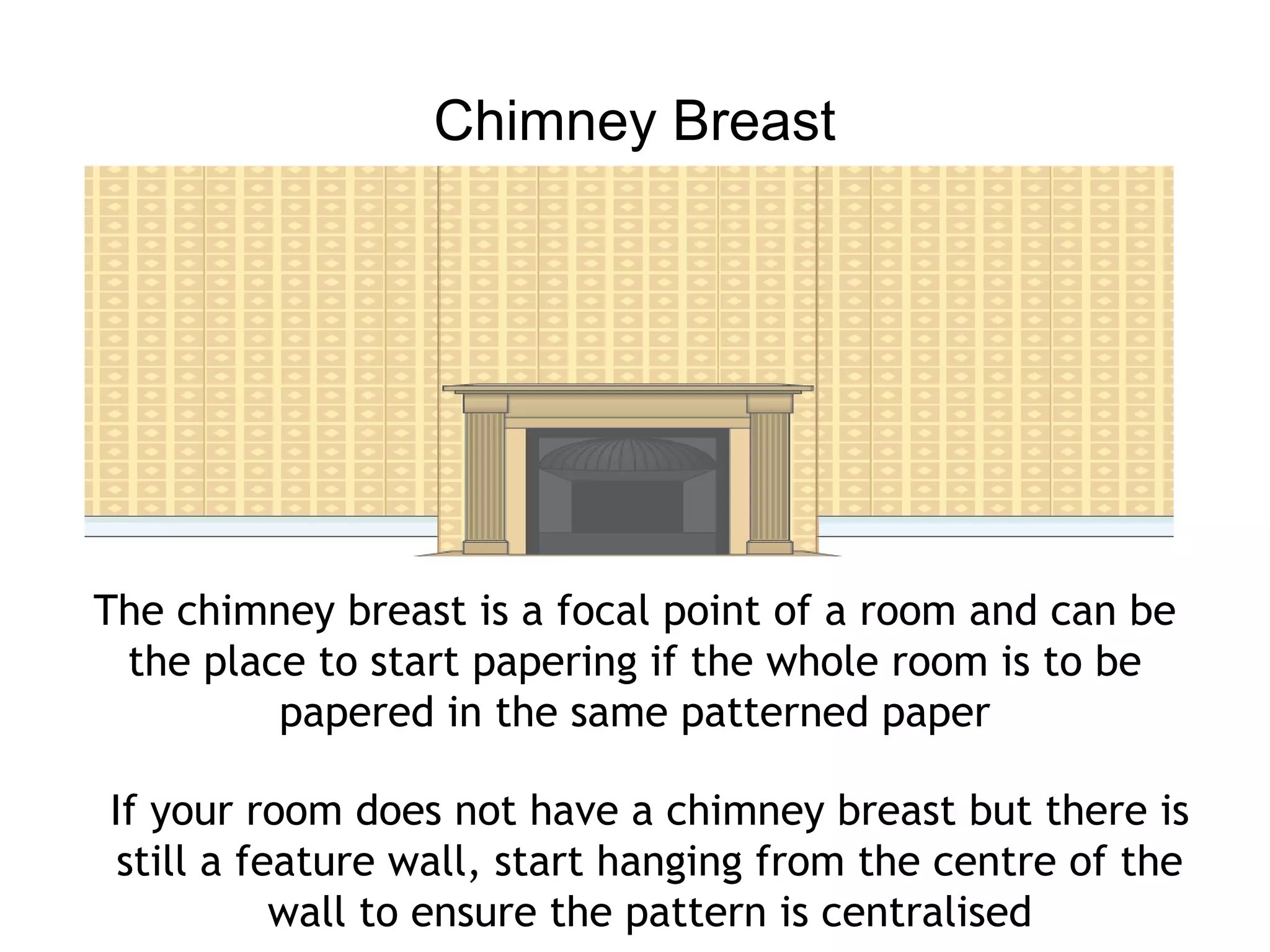 Chimney Breast 
The chimney breast is a focal point of a room and can be 
the place to start papering if the whole room is to be 
papered in the same patterned paper 
If your room does not have a chimney breast but there is 
still a feature wall, start hanging from the centre of the 
wall to ensure the pattern is centralised 
 