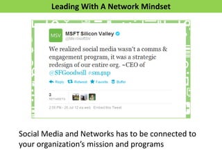 Leading With A Network Mindset




Social Media and Networks has to be connected to
your organization’s mission and programs
 