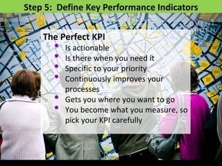 Step 5: Define Key Performance Indicators

    The Perfect KPI
       •   Is actionable
       •   Is there when you need it
       •   Specific to your priority
       •   Continuously improves your
           processes
       •   Gets you where you want to go
       •   You become what you measure, so
           pick your KPI carefully
 