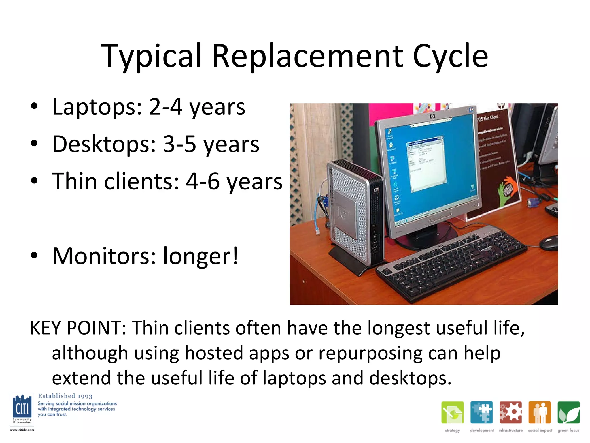 Typical Replacement Cycle Laptops: 2-4 years Desktops: 3-5 years Thin clients: 4-6 years Monitors: longer! KEY POINT: Thin clients often have the longest useful life, although using hosted apps or repurposing can help extend the useful life of laptops and desktops.  