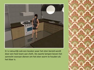 Er is natuurlijk ook een keuken waar het eten bereid wordt
door een heel team aan chefs. De zwarte lampen boven het
aanrecht vooraan dienen om het eten warm te houden als
het klaar is.
 