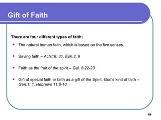 There are four different types of faith: The natural human faith, which is based on the five senses. Saving faith –  Acts16: 31, Eph.2: 9 Faith as the fruit of the spirit –  Gal. 5:22-23 Gift of special faith or faith as a gift of the Spirit. God’s kind of faith –  Gen.1: 1, Hebrews 11:8-10. Gift of Faith 