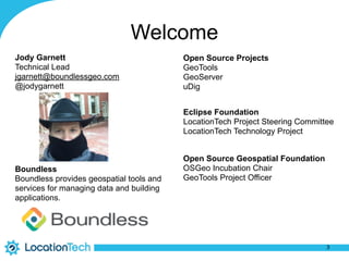 Welcome
3
Jody Garnett
Technical Lead
jgarnett@boundlessgeo.com
@jodygarnett
Open Source Geospatial Foundation
OSGeo Incubation Chair
GeoTools Project Officer
Eclipse Foundation
LocationTech Project Steering Committee
LocationTech Technology Project
Boundless
Boundless provides geospatial tools and
services for managing data and building
applications.
Open Source Projects
GeoTools
GeoServer
uDig
 