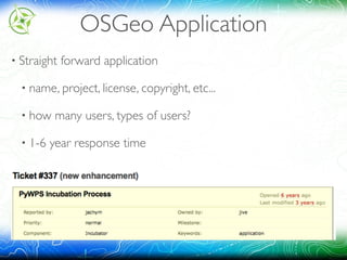 OSGeo Application
• Straight forward application
• name, project, license, copyright, etc...
• how many users, types of users?
• 1-6 year response time
 