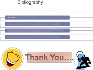 Bibliography 
Wikipedia 
http://www.mcrel.org/topics/EducationalTechnology/products/236/ 
http://caret.iste.org/caretadmin/news_documents/StudentLearning.pdf 
http://www.mdredsolutions.com/pdfs/ADS08_intro.pdf 
http://www.rcet.org/research/ATT-OLN/Yong-Ma-Turner-Final.pdf 
