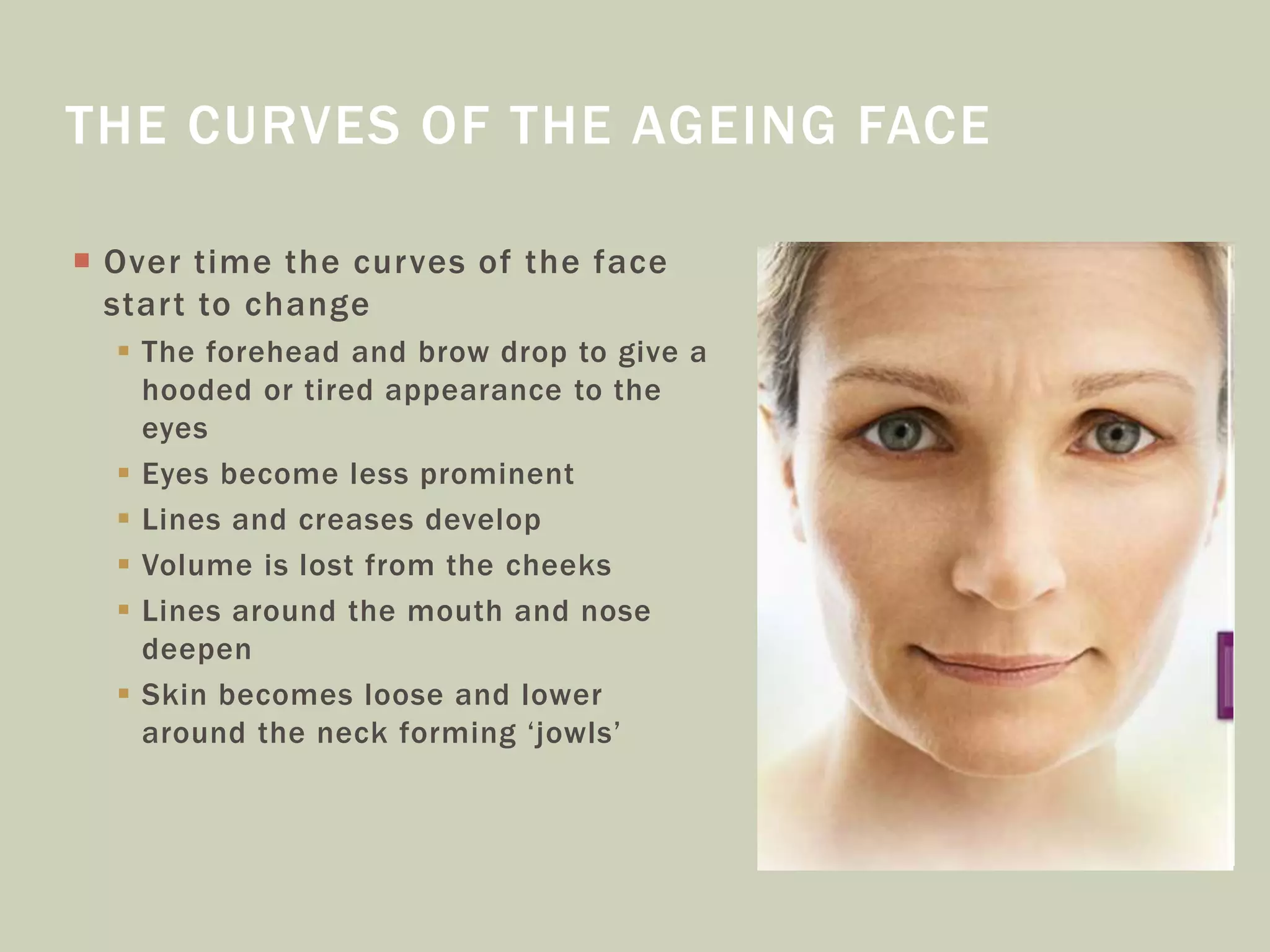 Over time the curves of the face
start to change
 The forehead and brow drop to give a
hooded or tired appearance to the
eyes
 Eyes become less prominent
 Lines and creases develop
 Volume is lost from the cheeks
 Lines around the mouth and nose
deepen
 Skin becomes loose and lower
around the neck forming ‘jowls’
THE CURVES OF THE AGEING FACE
 